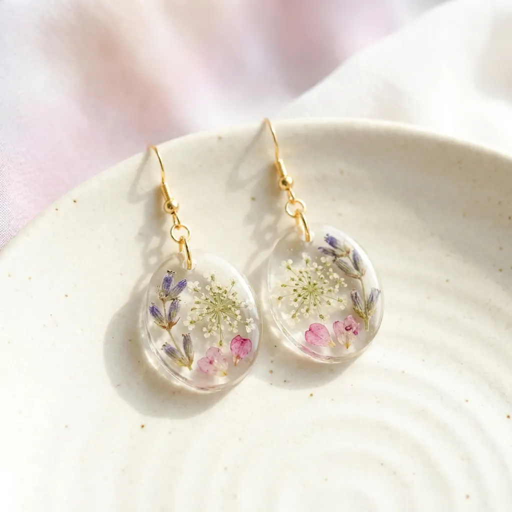Aretes de resina con flores prensadas y ganchos dorados