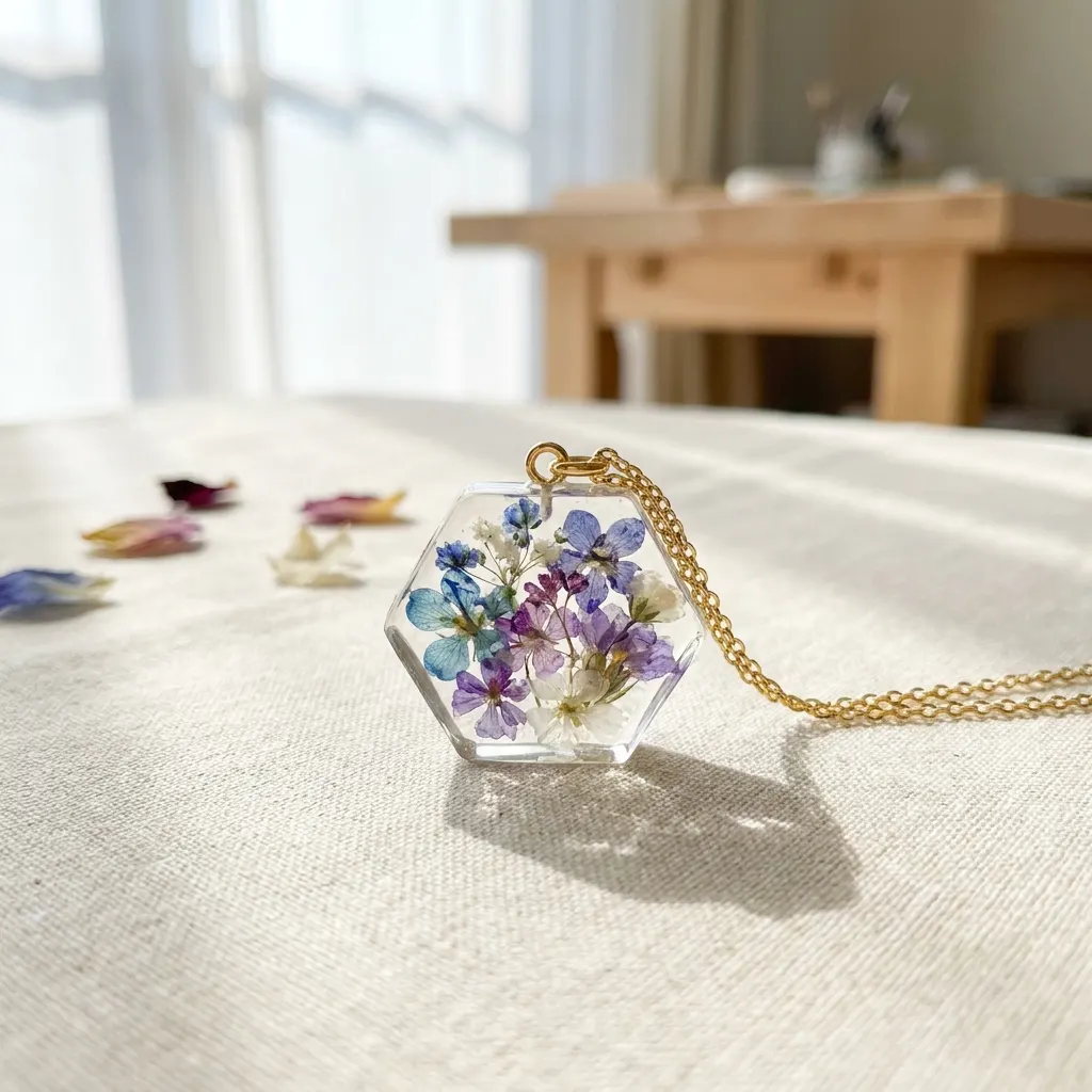 Dije hexagonal de eco resina con flores secas en cadena dorada