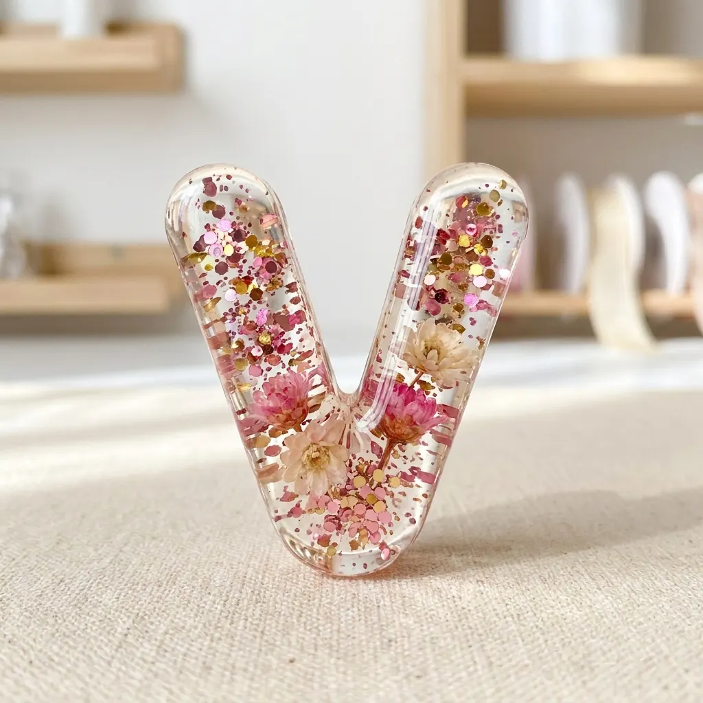 Letra bubble V de resina transparente con glitter rosado y dorado y flores secas