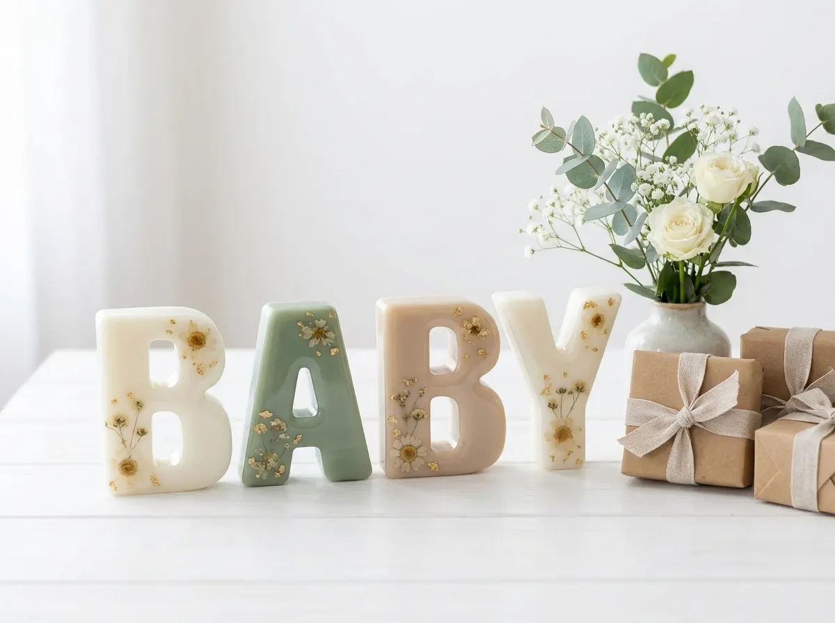 Letras bubble BABY de resina crema y verde salvia con flores secas en una mesa de baby shower