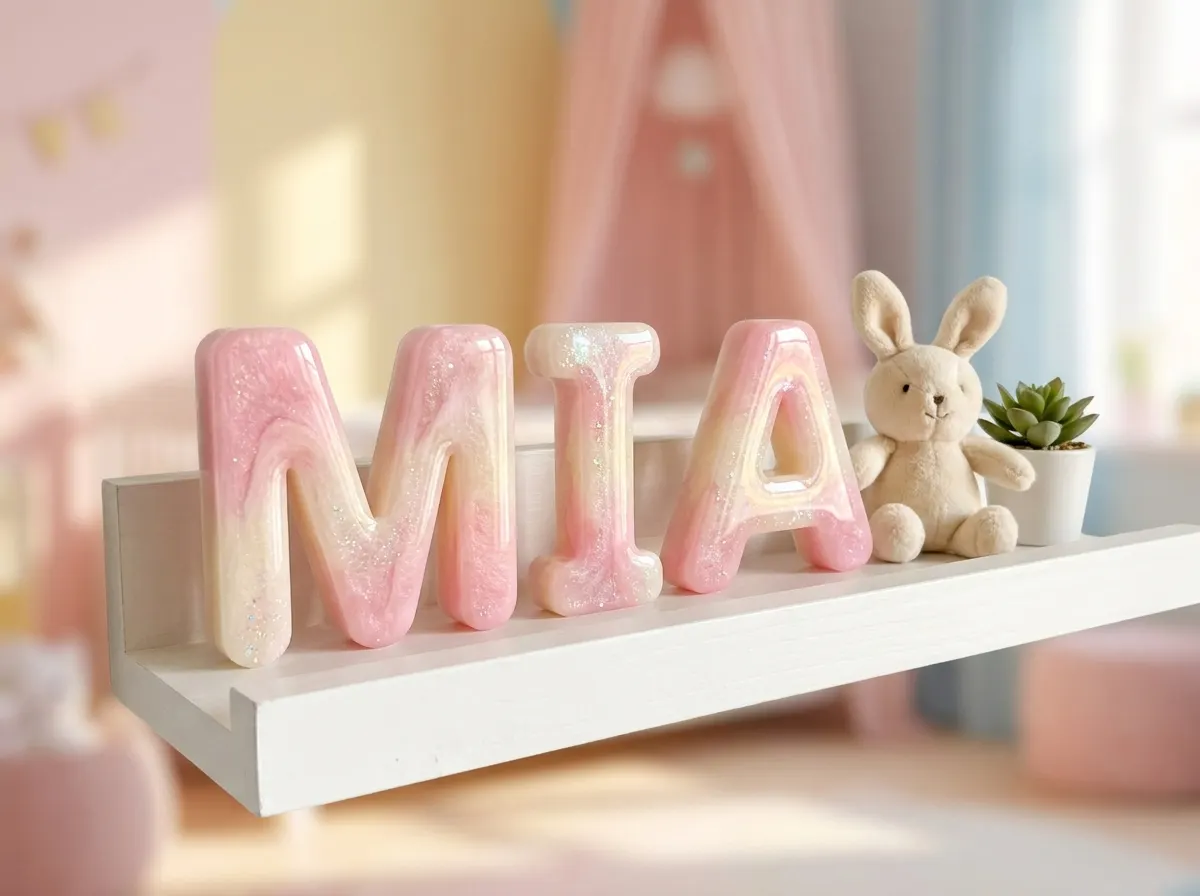Nombre MIA en letras bubble de resina rosada con glitter en una repisa de un cuarto de niña