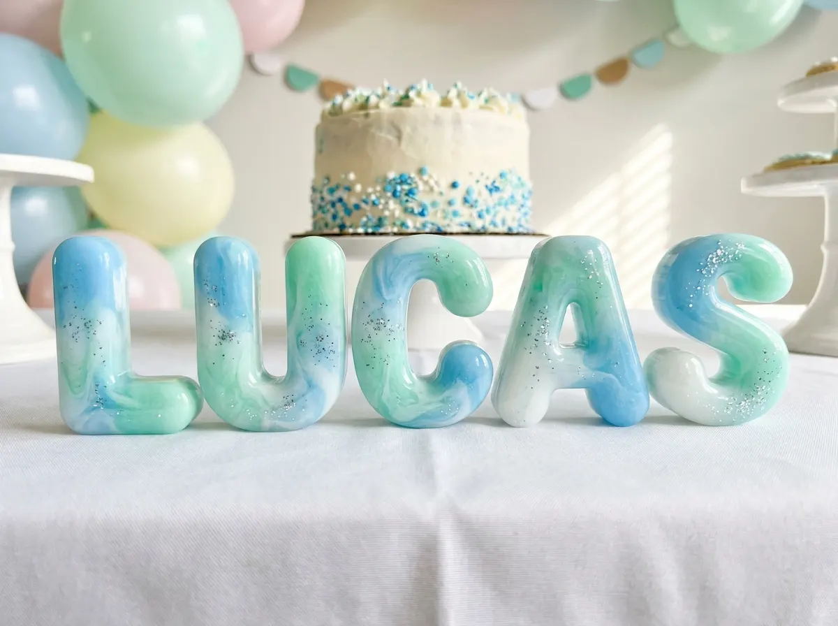 Nombre LUCAS en letras bubble de resina azul y menta frente a un pastel de cumpleaños