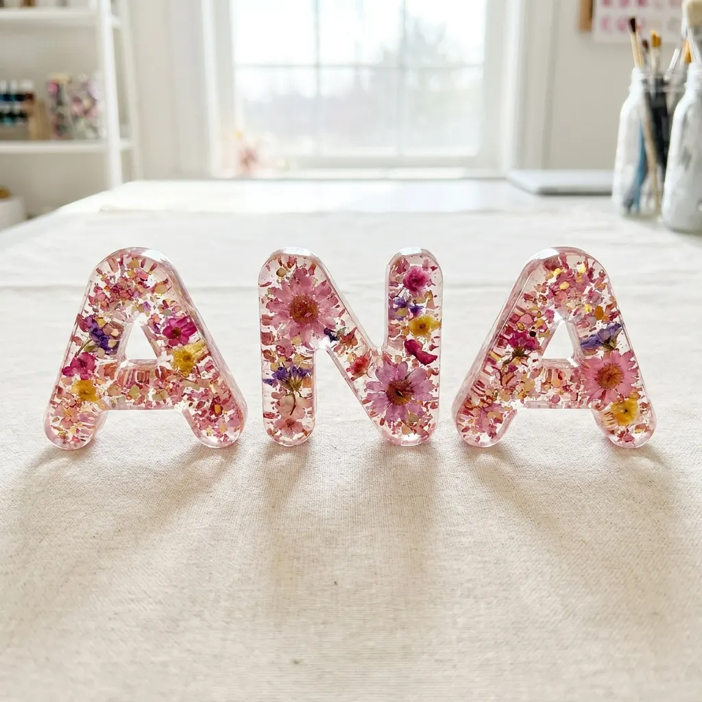 Letras bubble de resina con glitter y flores secas formando el nombre ANA