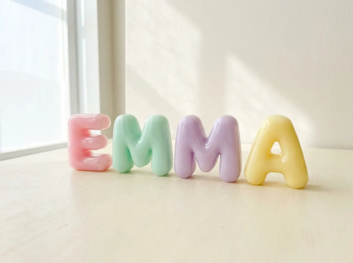 Letras bubble de resina en colores pastel formando el nombre EMMA