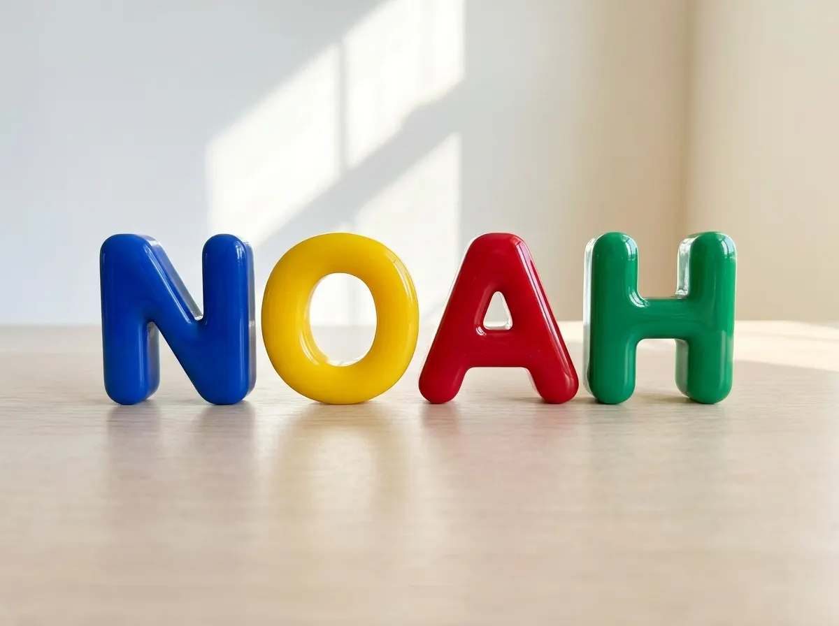Nombre NOAH en letras bubble de resina de colores sólidos azul, amarillo, rojo y verde