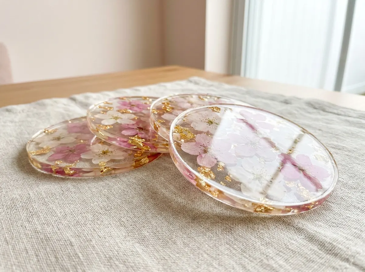 Posavasos de eco resina con flores prensadas y hojuelas doradas