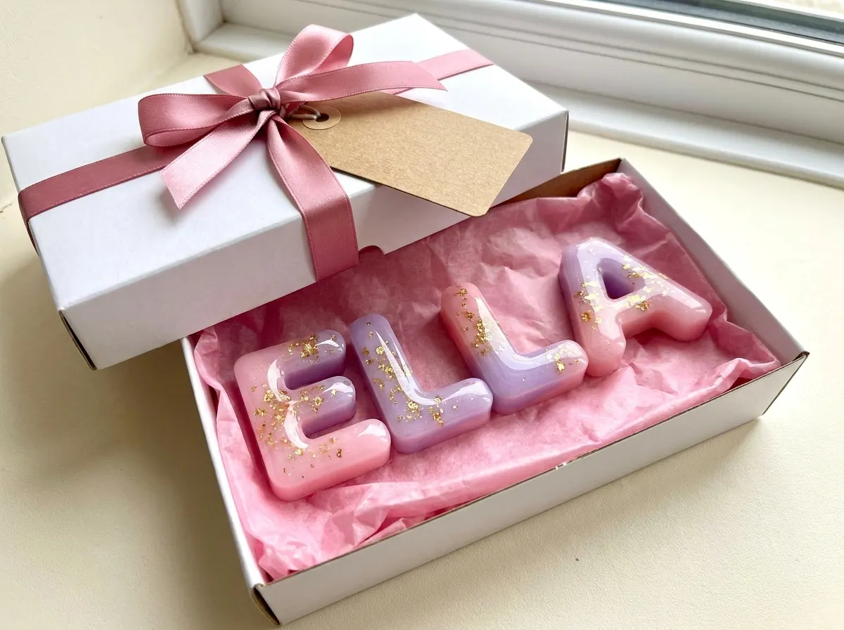 Nombre ELLA en letras bubble de resina rosada y lila dentro de una caja de regalo con lazo