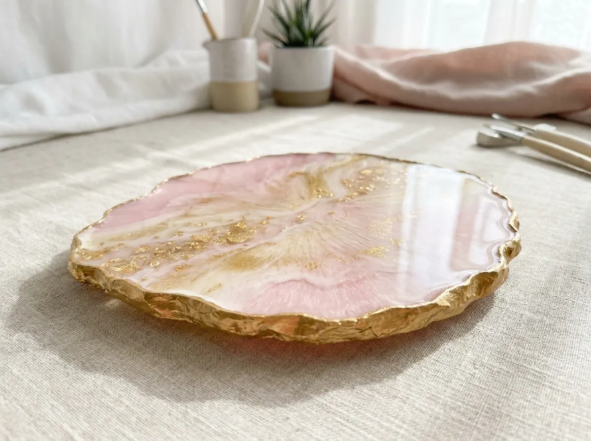 Bandeja de eco resina estilo geoda en rosado, blanco y dorado